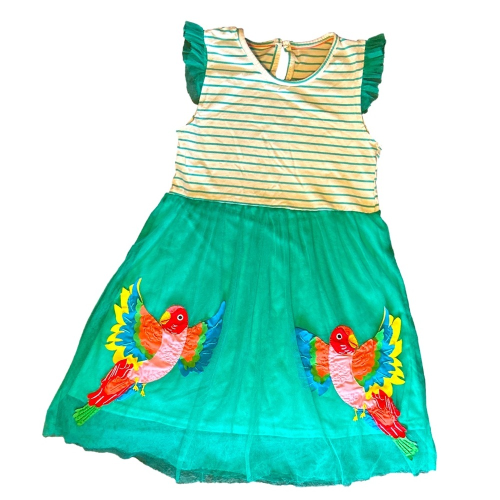 Green Parrot Print Kids Dress